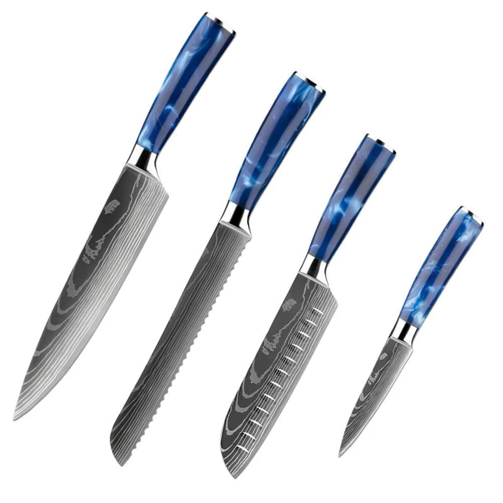 4PCS Kitchen Chef Knife Set High Carbon Steel Damascus Pattern Blue Resin Handle Ultra Sharp Cooking Knives for Meat & Fish
