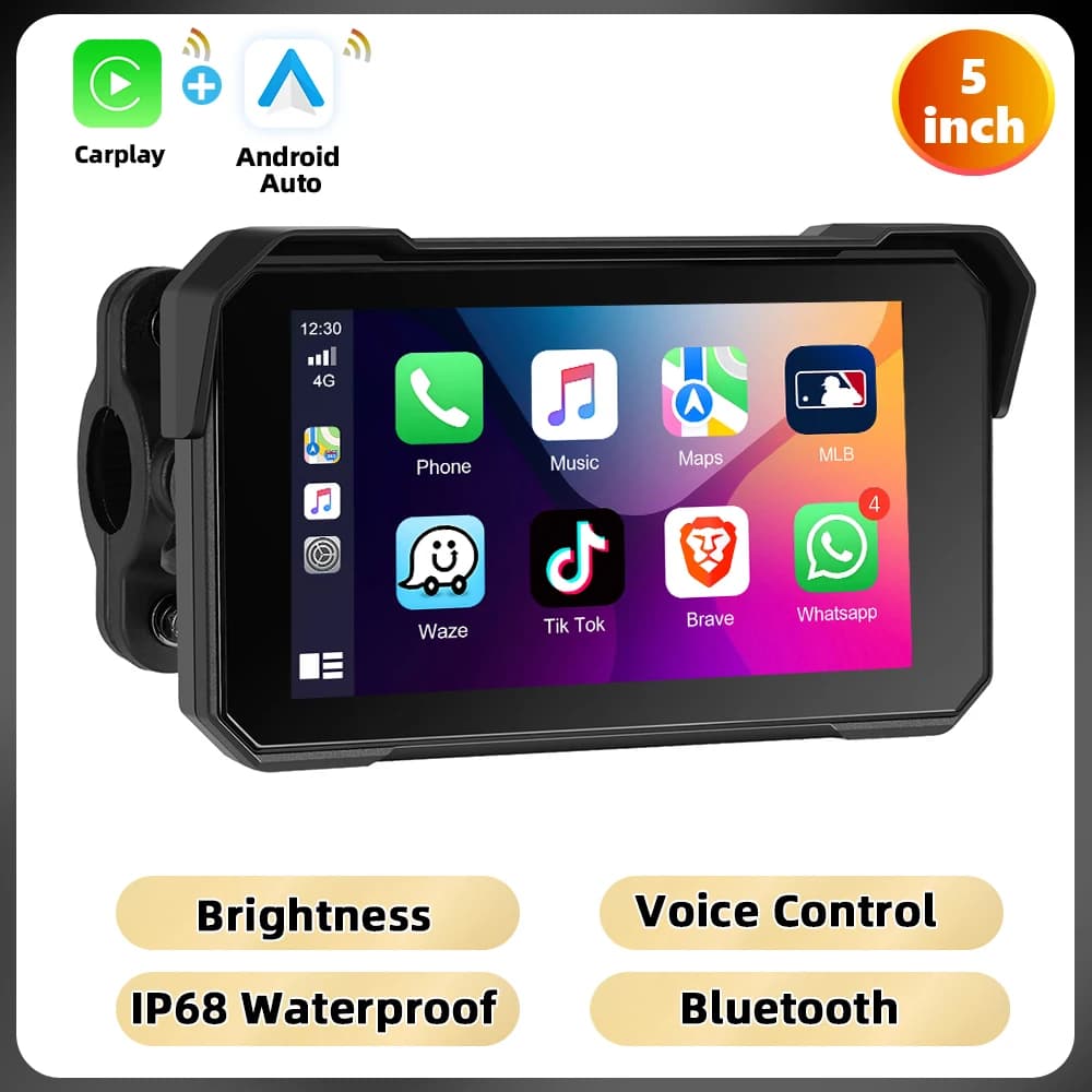 Podofo 5'' Motorcycle Monitor Carplay Android Auto IP68 Waterproof Smart Screen Player Support Tire Pressure Detection GPS BT Monitor