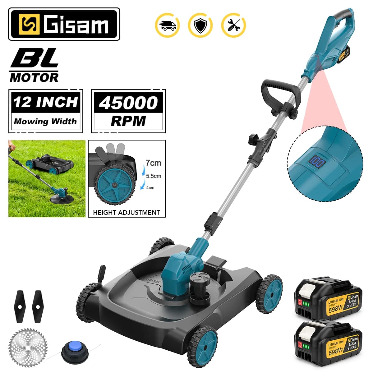 Gisam 3in1 Brushless Electric Lawn Mower 12Inch Cordless Foldable Grass Trimmer Garden Pruning Tool For Makita 18V Battery Pin