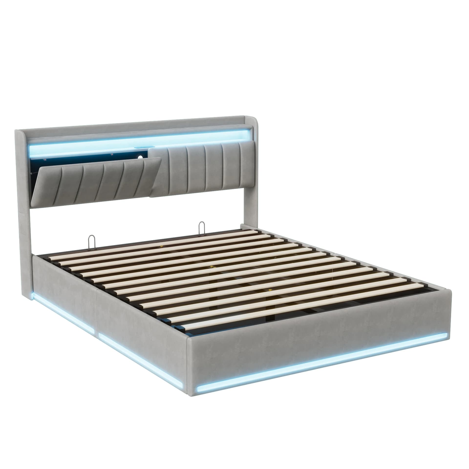 Rosahqnda Hydraulic LED bed with USB port, Upholstered bed, 140 x 200 cm, headboard with storage, velvet cover, 140 x 190 cm, 160 x 200 cm, 90 x 200 cm, without mattress
