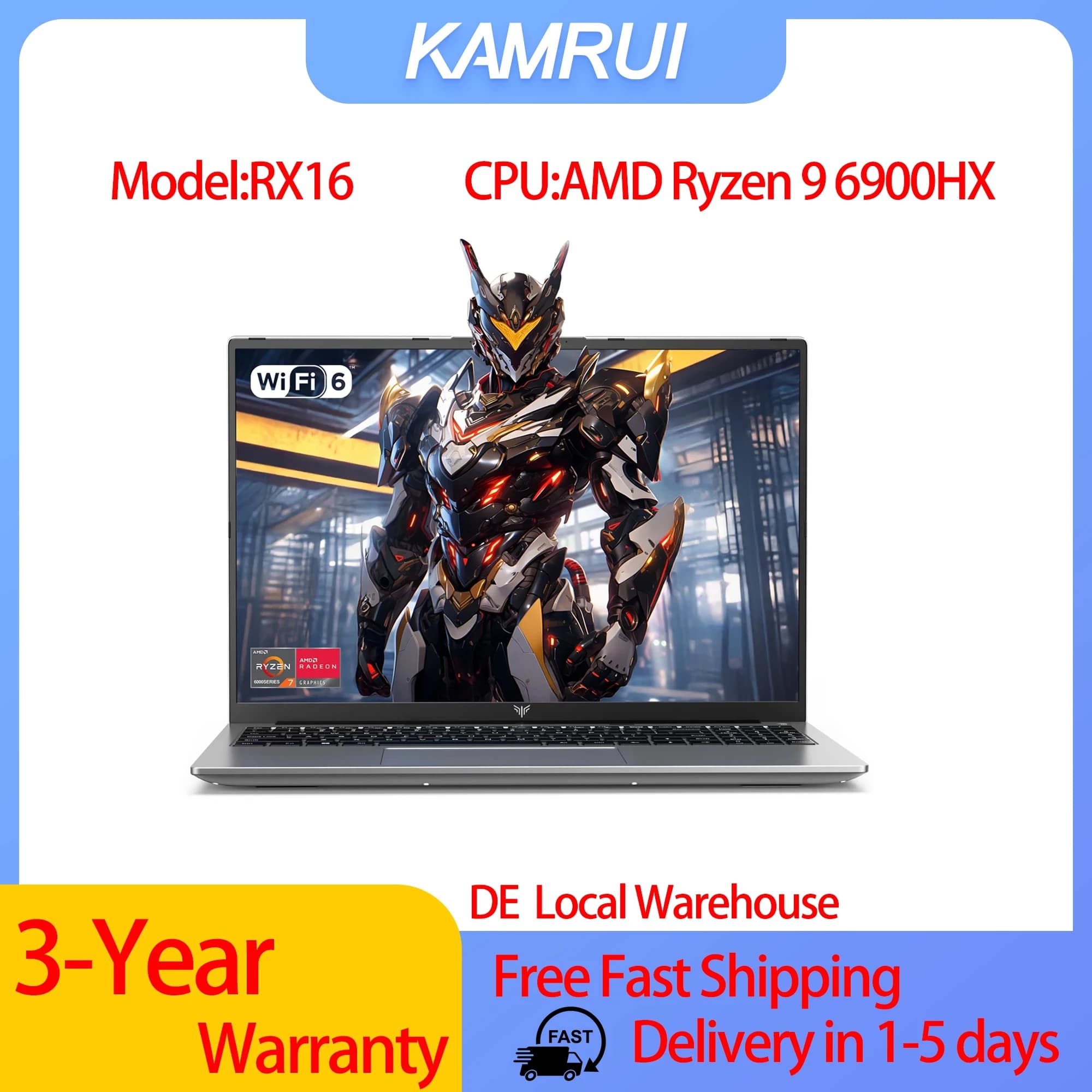 KAMRUI RX16 AMD Ryzen 9 6900HX 16 Inch Laptop Gaming Processor 16GB LPDDR5 RAM 512GB SSD IPS Display Windows 11 Laptop for Game
