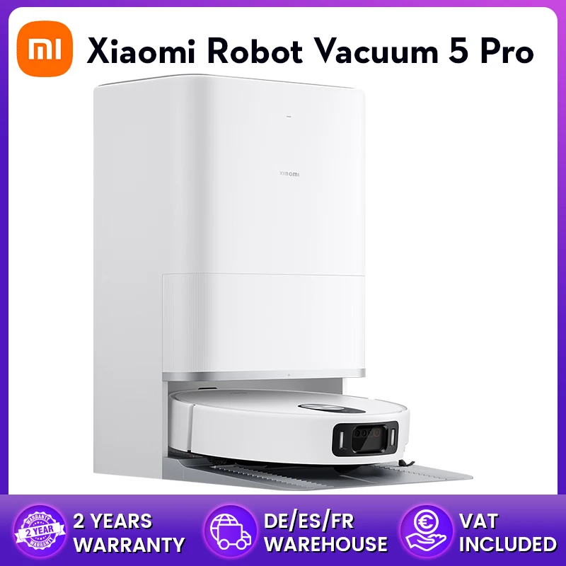 Global Version Xiaomi Robot Vacuum 5 Pro 20000Pa Suction Hassle-free Anti-tangle Vacuum Cleaner Self-cleaning Base Station Extendable Mopand Side Brush HD Video One-way Calls Smart Voice/APP Control (X20+ Super Upgrade）