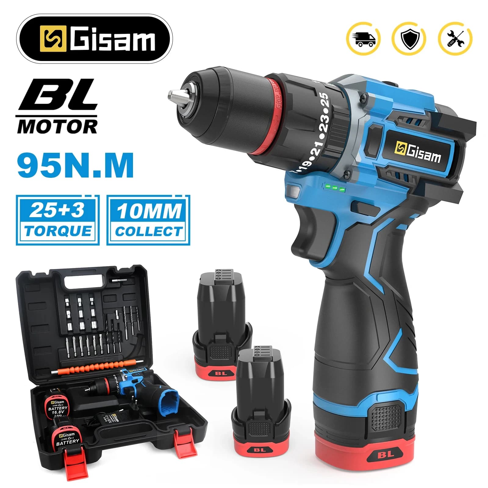 Gisam 95N.M 10MM 25+3Torque Brushless Electric Drill Metal Ratchet Chuck Cordless Drill Electric Screwdriver DIY Power Tools