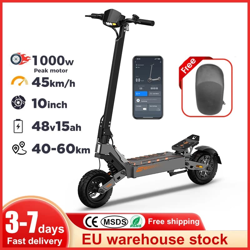 1000W Motor Electric Scooter 45km/h Speed 48V/15Ah Battery 40-60KM Range 10 Inch Off Road Tire Turn Signal Multi-Speed Modes Foldable E-Scooter APP Waterproof Dual Suspension
