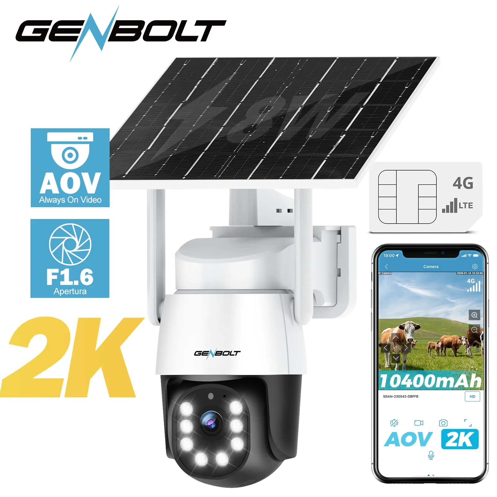2K 4G AOV Solar Security Camera 3MP LTE Wireless Outdoor No WiFi Sim Card 7/24 Record 10400mAh Battery AI Detection CCTV GENBOLT
