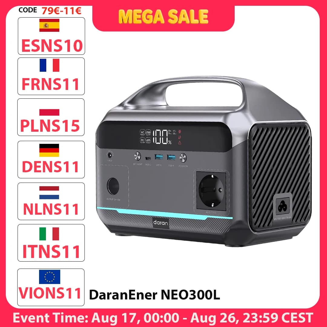 DaranEner NEO300L Portable Power Station, 288Wh LiFePO4 Battery, 350W Pure Sine Wave AC Output, 600W Surge Power, 100W Solar Input, 60W USB-C PD, Dual 18W USB-A, 120W Car Socket, MPPT, BMS, UPS, 3500+