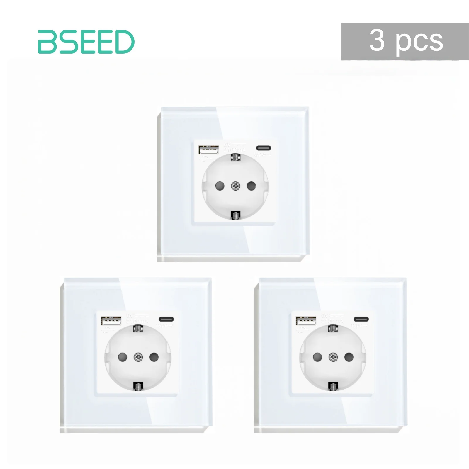 BSEED EU Standard Wall Socket Phone Charge USB C Single Socket 16A Glass Frame 110V - 240V Electrical Outlet Type-c Wall Mounted