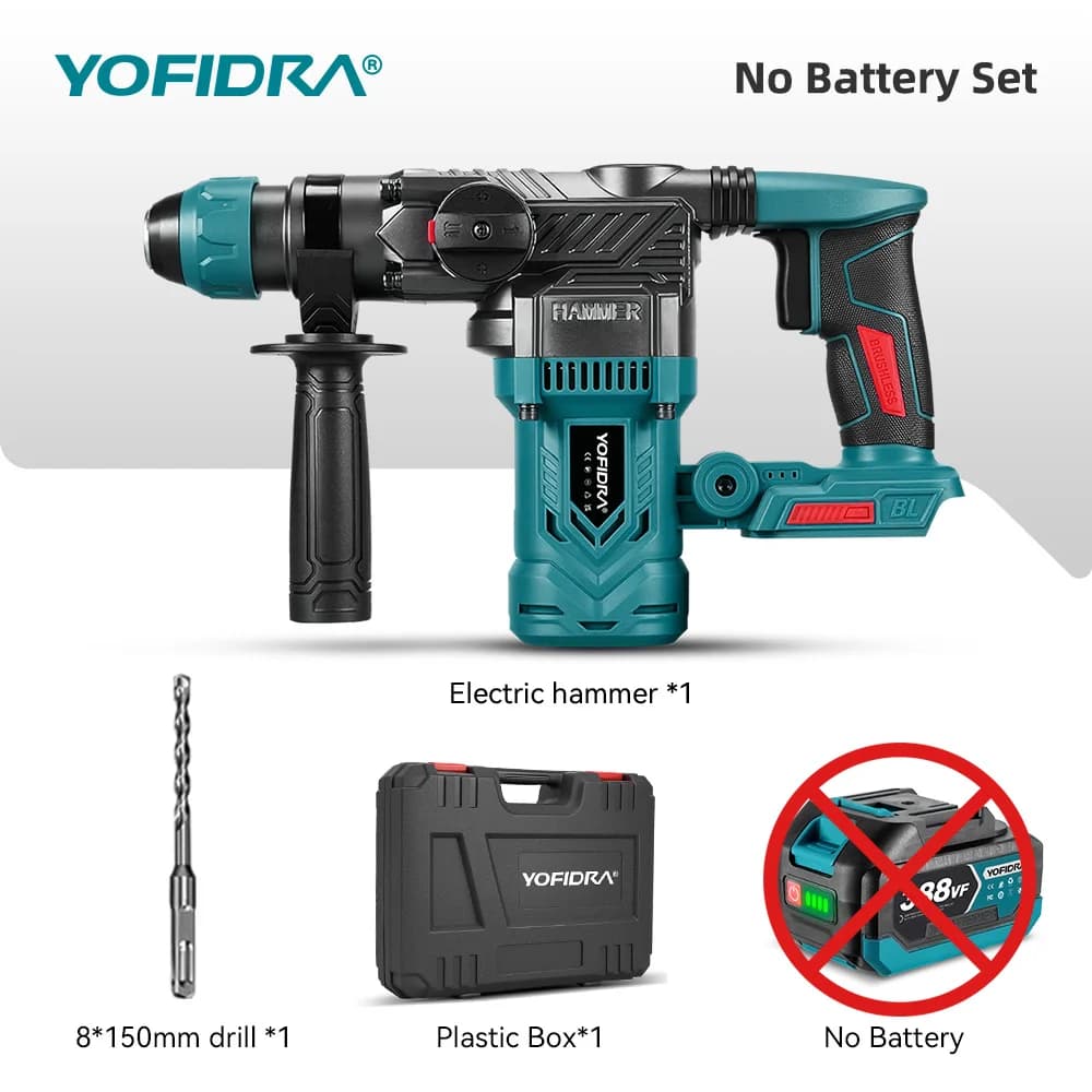 YOFIDRA 2200W Brushless Electric Hammer Impact Drill 26MM Multi-function Screwdriver Rotary Power Tool For Makita 21V Battery Pin