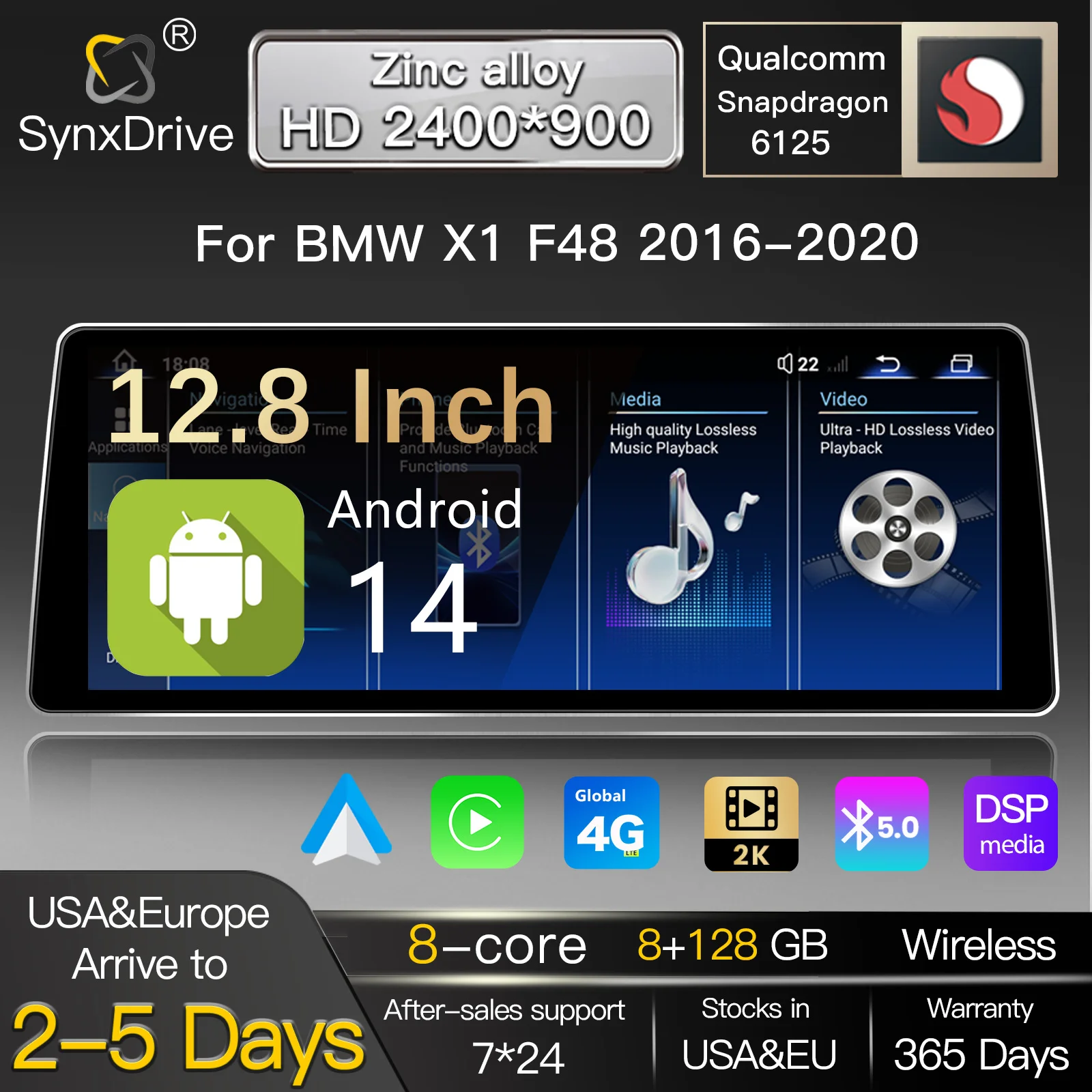 12.8" 2400*900 Android 14 Wireless Carplay Android Auto Car Radio Multimedia For BMW X1 F48 X2 F49 2016-2020 Bluetooth GPS Stereo Touch Screen 4G WiFi