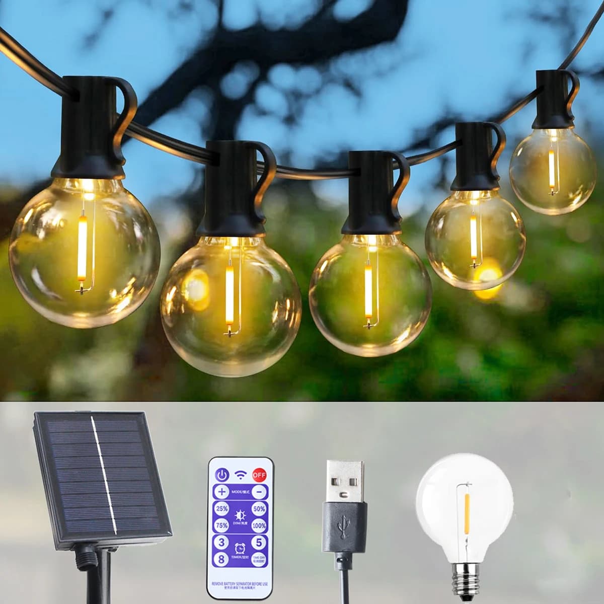 G40 String Lights Solar Festoon LED Patio Lamps Solar Garden Lamps Outdoor For Courtyard Party Wedding Terrace Decoration