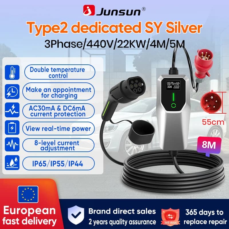 Junsun Type 2 EV Charger 3.5KW 7kw 11kw 22kw IP65 Portable Fast Charger with Real-Time Data Monitor for Tesla VW Renault Nissan