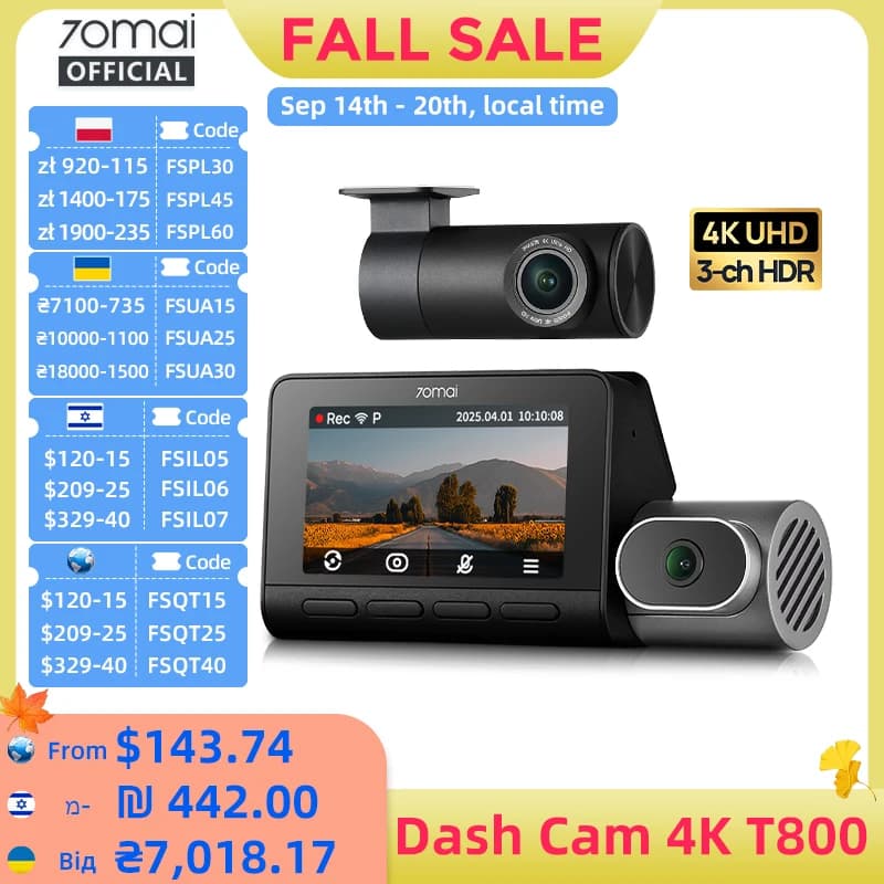 【Local Warehouse】70mai 4K Dash Cam T800 3-Channel Reconding Triple HDR Voice Control 4G LTE Remote Control Car DVR 70mai T800
