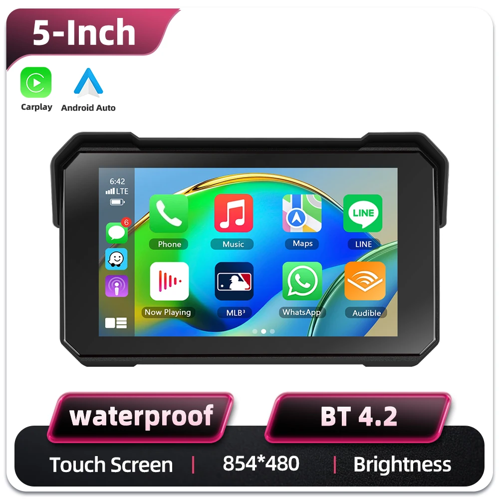 Podofo 5 Inch IPS Touch Screen Motorcycle Smart Player IP68 Waterproof Portable GPS Navigator Wireless Carplay Android Auto Bluetooth Motorbike Riding Media Audio Device