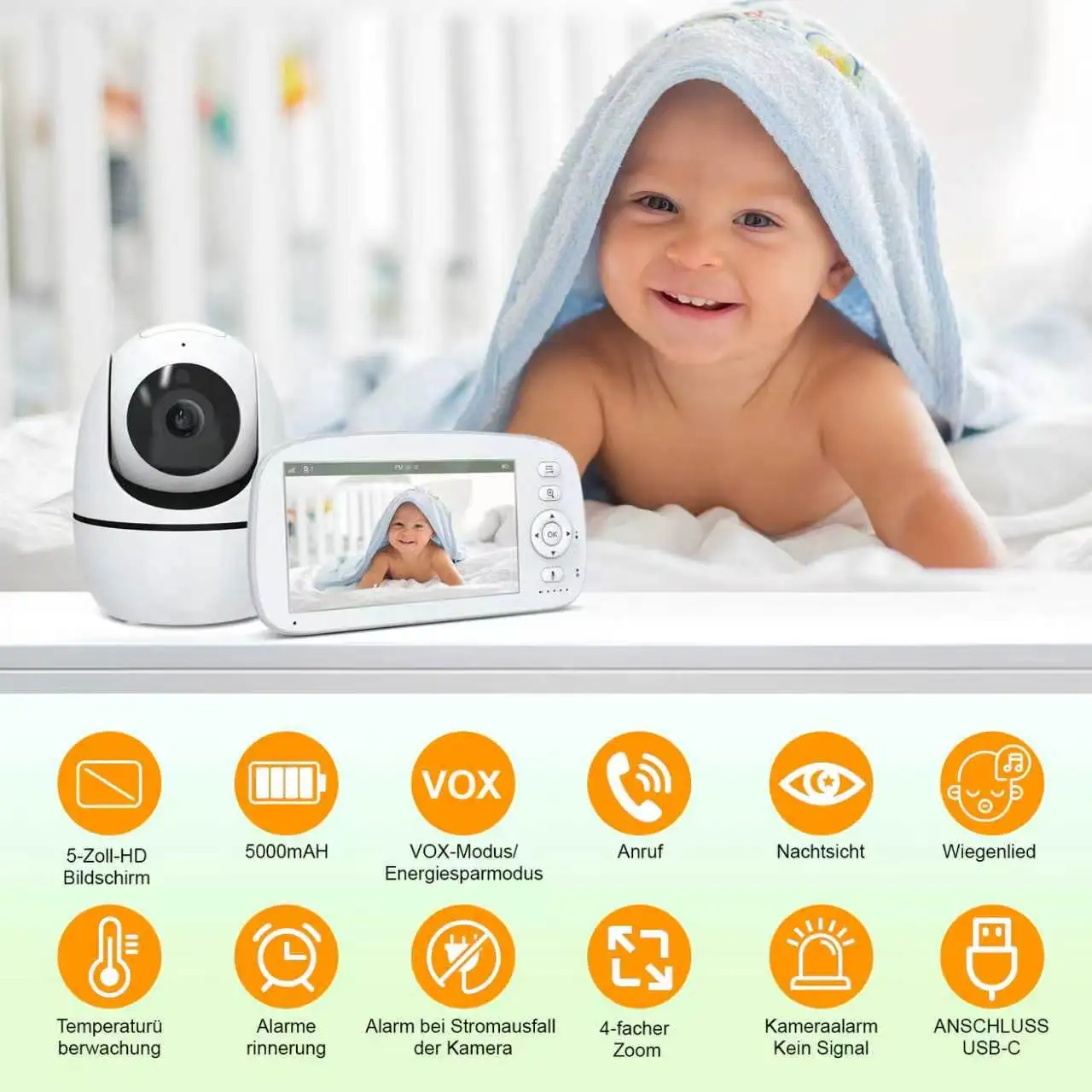Babyphone 5 5000 mAh motion detection video camera, 720P, HD, noise and temperature, 2-way talk, 360 ° view, music