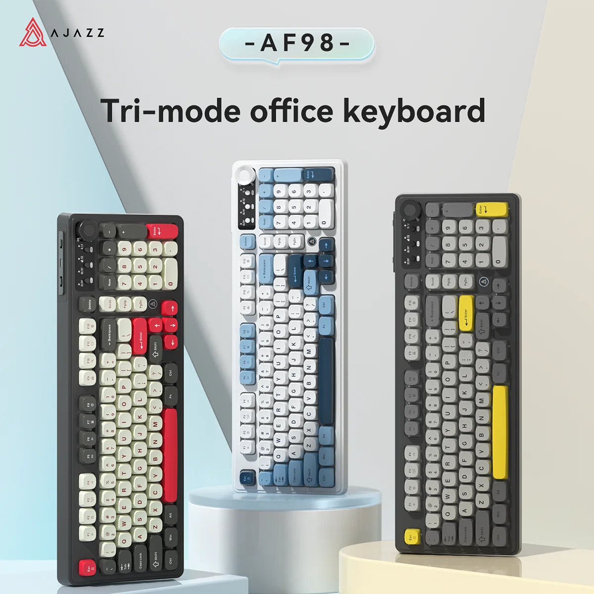 AJAZZ AF98 wired/wireless keyboard, 98 keys, mechanical feel, suitable for office use, long battery life, three lighting modes, RGB lighting effects, mixed color lighting, ABS keycaps, ergonomic design.