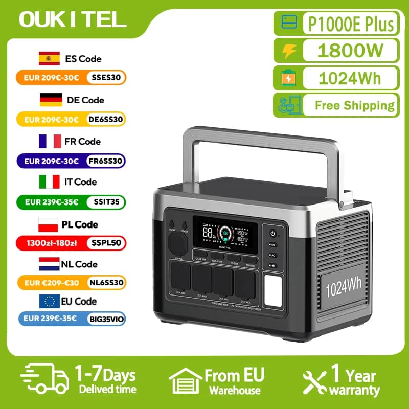 OUKITEL P1000 PLUS Portable Power Station 1800W Solar Generator 1024Wh Lifepo4 Battery Home Backup Outdoor Camping Mobile power