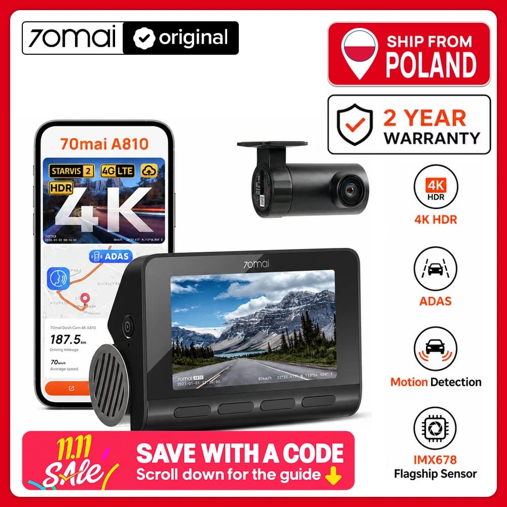 70mai Dash Cam 4K A810 Ultra HD 150° FOV 24Hours Parking Monitor ADAS, Coordinates by Built-in GPS WIFI&4G For Extreme Weather