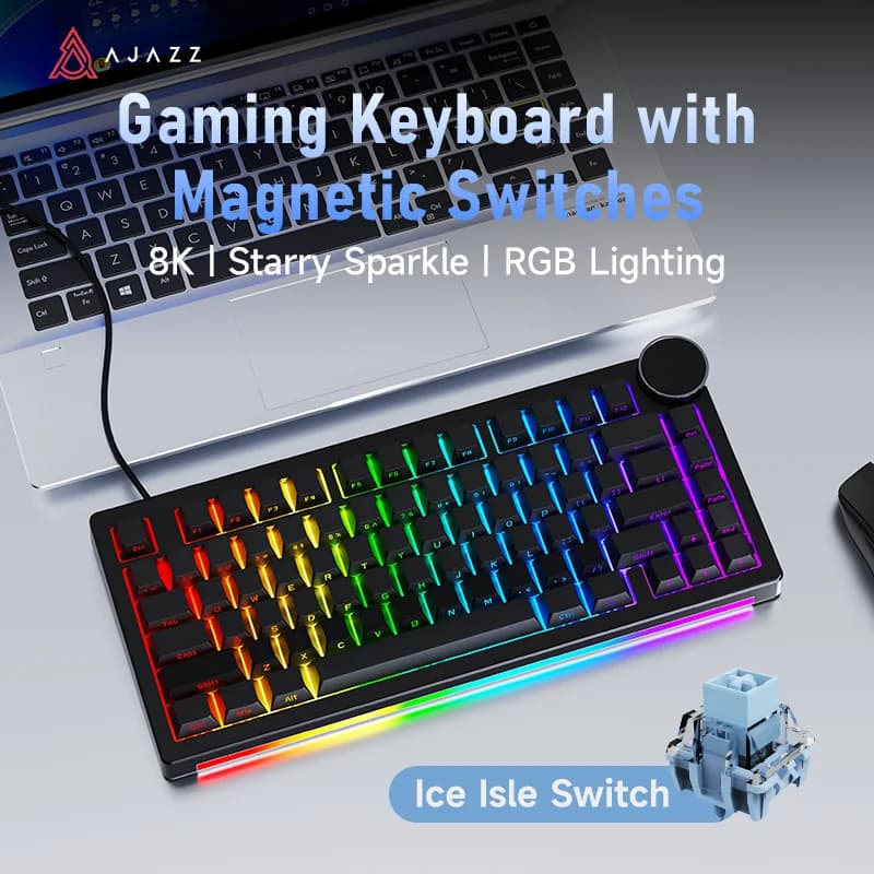 Ajazz AK820 V2 HE Wired 75% Hall Effect Gaming Keyboard, Rapid Trigger, 8000Hz Polling Rate, High Precision, Multi-mode Support, Dual RGB Light Strips, Metal Volume Knob, USB-C Port, Gasket Mount, for Gaming & Office