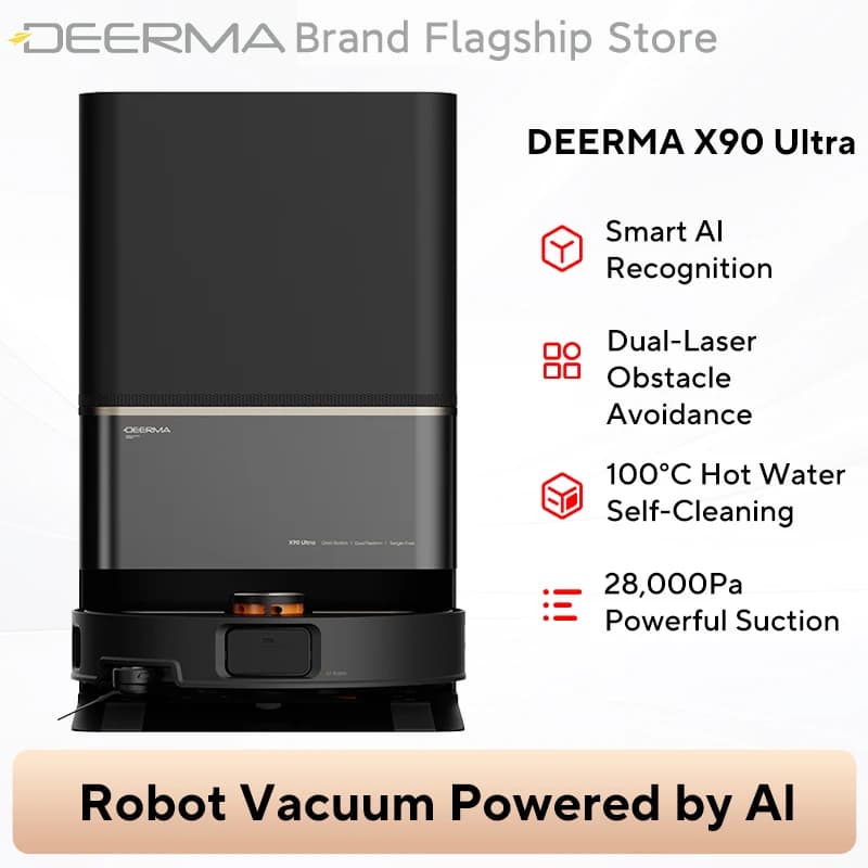 DEERMA X90 Ultra AI-powered vacuum cleaner, 28,000 Pa powerful suction, 100°C hot water double-spray self-cleaning