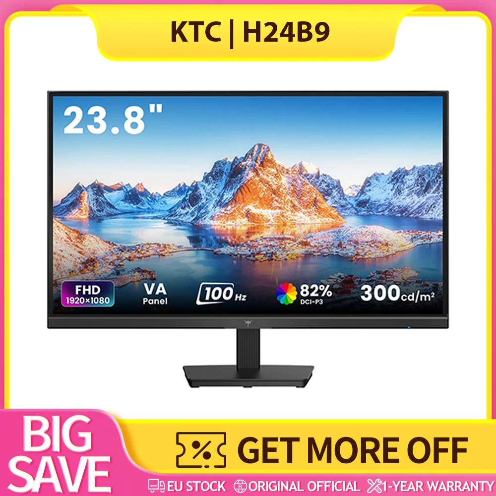 KTC H24B9 Flat, 16:9 VA FHD, 1920 X 1080@100Hz Office Monitor, Stunning Visuals, Realistic Detail Effects, Comfortable Adjustable Viewing Angle, Flexible Connectivity, 23.8 Inches, 300 cd/m² (Typ) Brightness, 4000:1 (Typ) Contrast Ratio