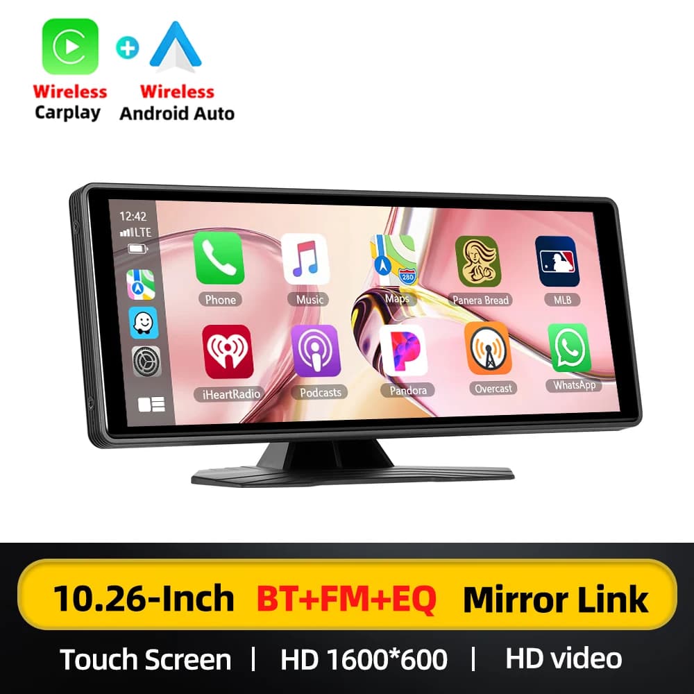 Podofo 10.26" Dashboard Car Monitor Portable Smart Screen Player Support Wireless CarPlay Android Auto Dashboard Car DVR Video Recorder BT FM EQ