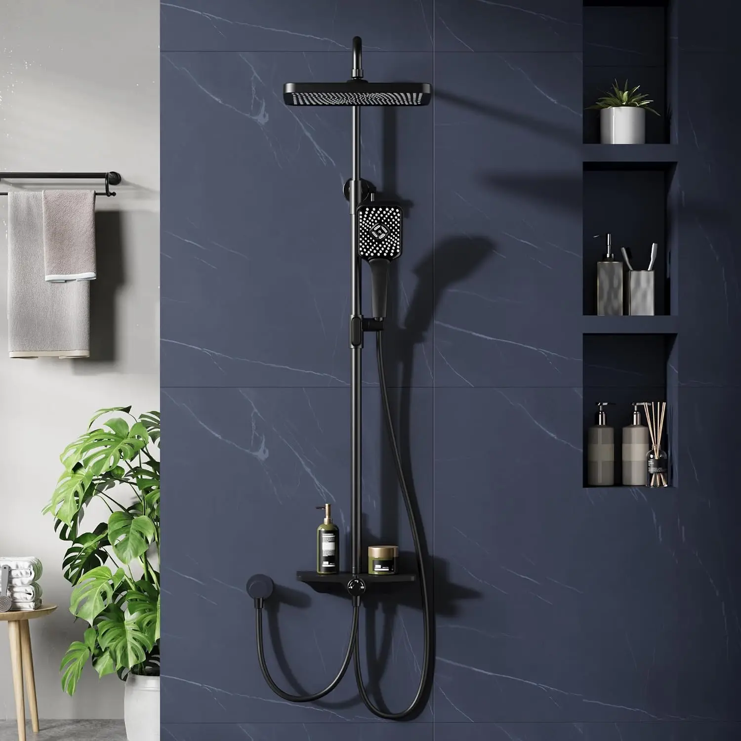 Shower System, Black Round Bar Head and Hand Shower Head and Hand Shower, 201 Stainless Steel, Round Tube, Extendable 3-Piece Set, Height Adjustable, Black Finish