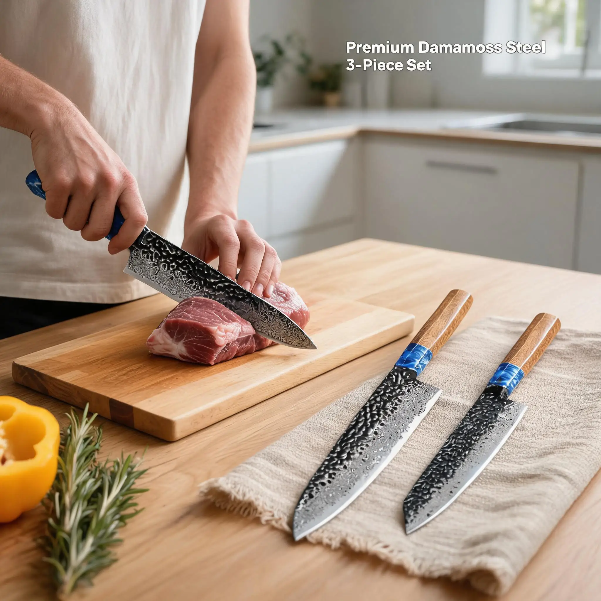 Chef Knife Set Japanese VG10 Steel Core, Utility Knife with Rosewood Handle & Sharpener - Professional Kitchen Cutlery 3PCS