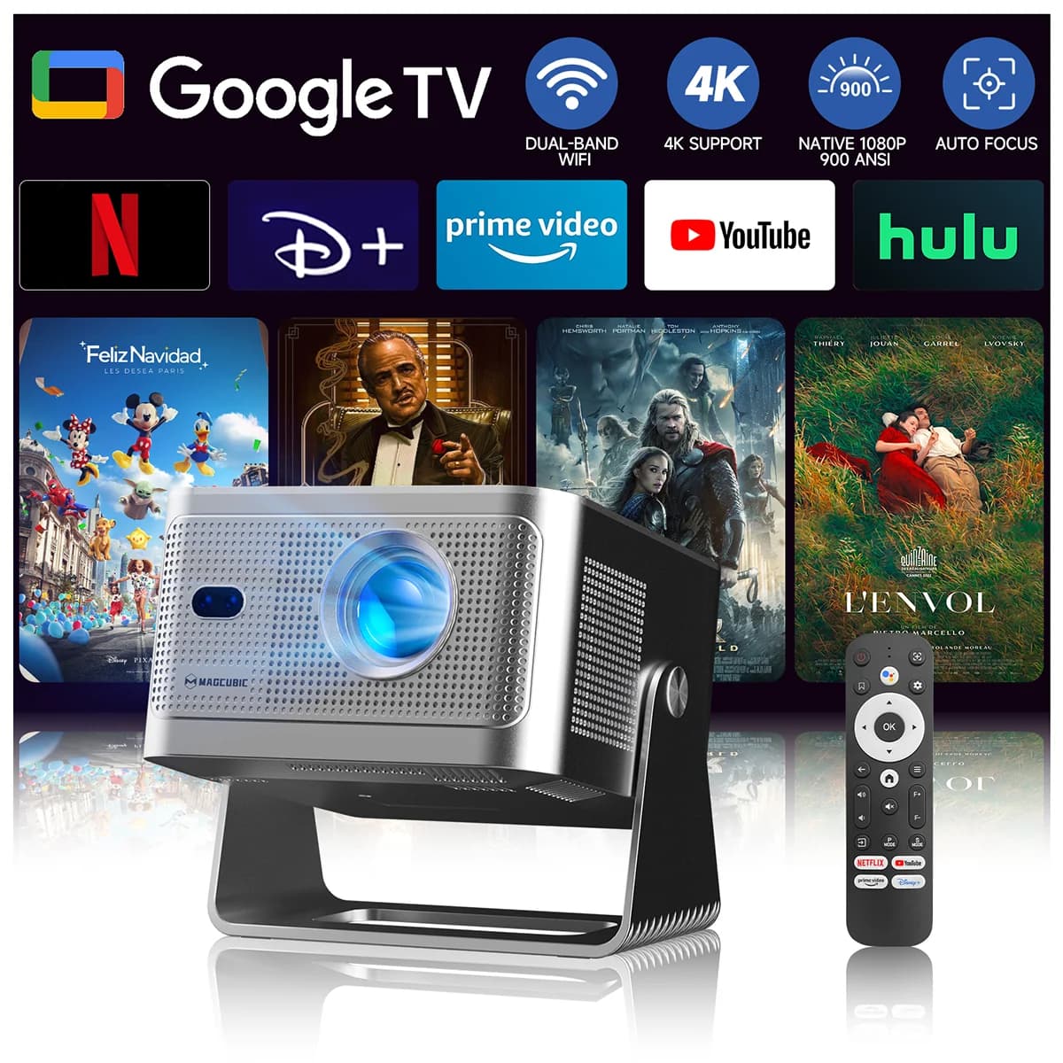 Magcubic 900 ANSI Projector Bundled with Google TV Stick 1080p Native Projector Auto Focus Portable Beam Home Theater HY350GTV