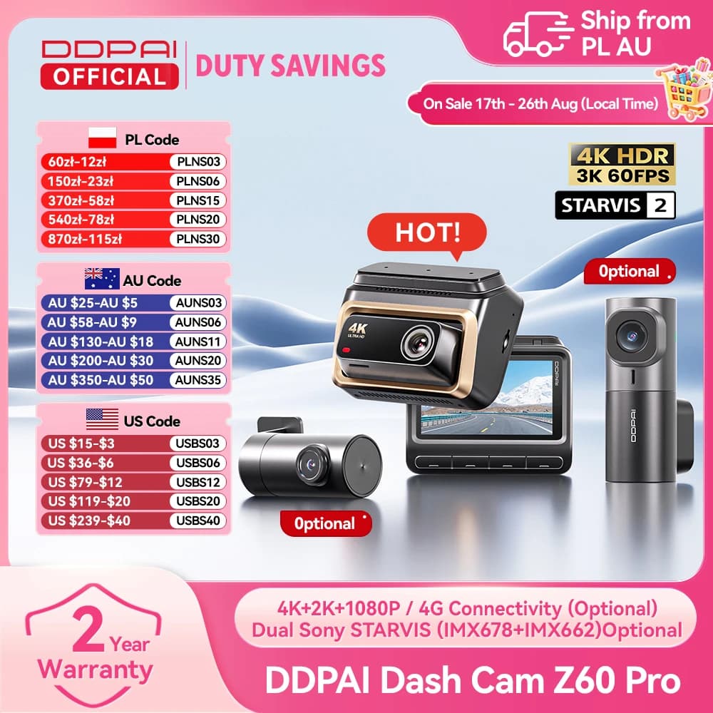 DDPAI 4K Dash Cam Z60 Pro HDR Support Front and Rear Interior Car Camera SONY STARVIS2 678 Sensor 5GHz Wi-Fi GPS ADAS 4G Car DVR