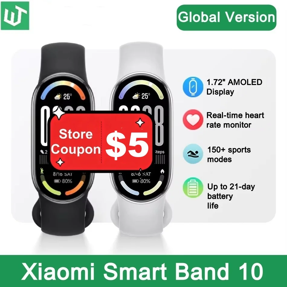 Global Version Xiaomi Smart Band 10 150+ Sports Modes Sleep Monitoring 1.72" AMOLED Display 21-day Battery Mi Wrist Sport Watch