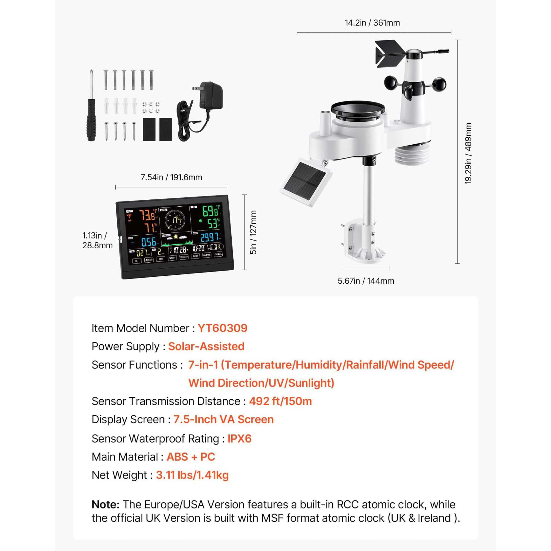 SucceBuy 7-in-1 Wireless Weather Station 7.5-Inch VA Display Solar Powered Sensor, Rain Gauge, Indoor&Outdoor Forecast, No WiFi