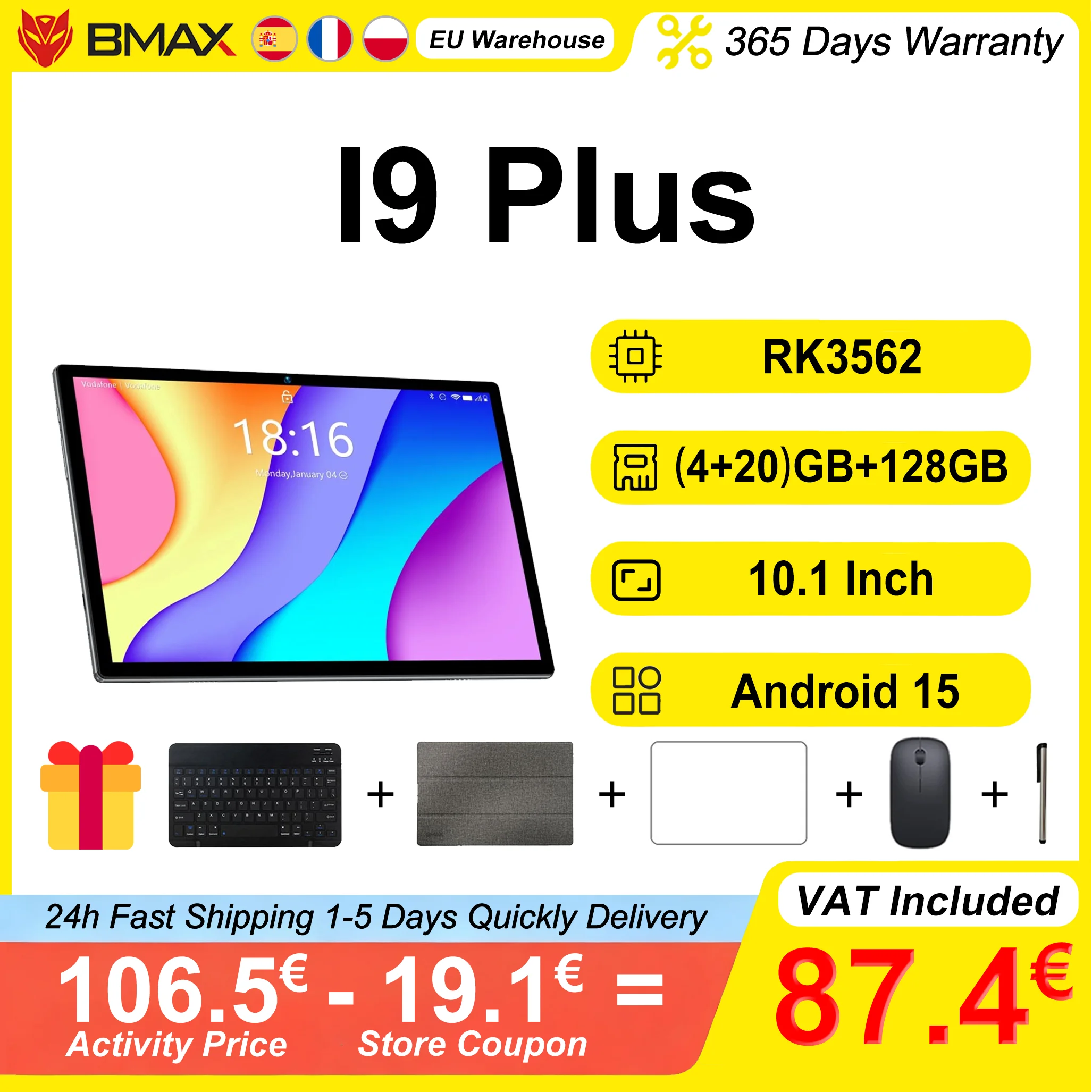BMAX I9 Plus 10.1-inch tablet (4+20 GB RAM, 128GB ROM), Rockchip RK3562, Android 15, Wi‑Fi 6, Bluetooth 5.4, 6000 mAh, USB Type-C