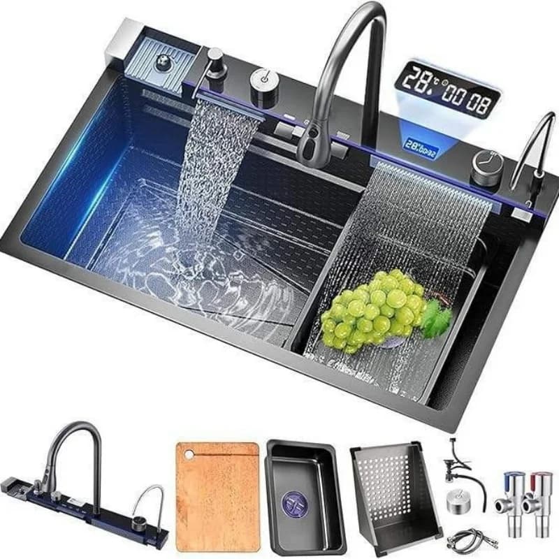 304 Stainless Steel Waterfall Kitchen Sink Large Single Slot Integrated Digital Display Faucet Set Soap Dispenser Cup Washer