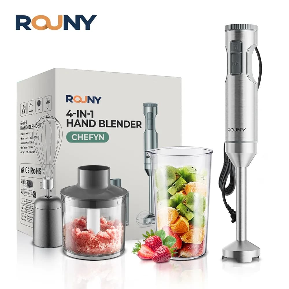 ROUNY Powerful Immersion Blender,4-in-1 Stainless Steel Stick Baby Food Mixer,700ml Mixing Beaker,500ml Processor,Whisk, MAX 1200W