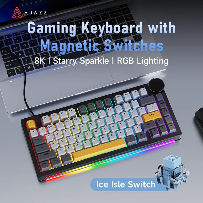 Ajazz AK820 V2 HE Wired 75% Hall Effect Gaming Keyboard, Rapid Trigger, 8000Hz Polling Rate, High Precision, Multi-mode Support, Dual RGB Light Strips, Metal Volume Knob, USB-C Port, Gasket Mount, for Gaming & Office