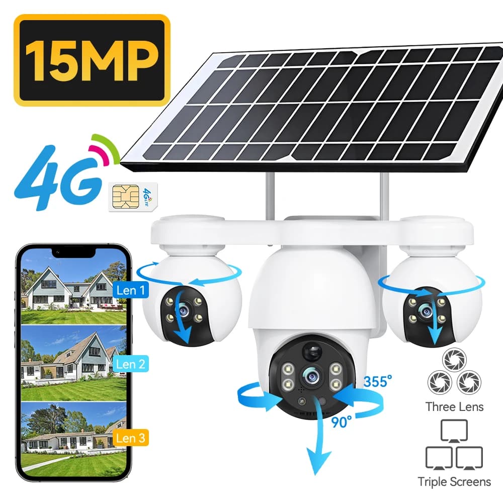 15MP 4G IP Camera Three Lenses Solar Outdoor Waterproof Camera HD Low Power Battery PIR Night Vision WiFi CCTV Security Cam