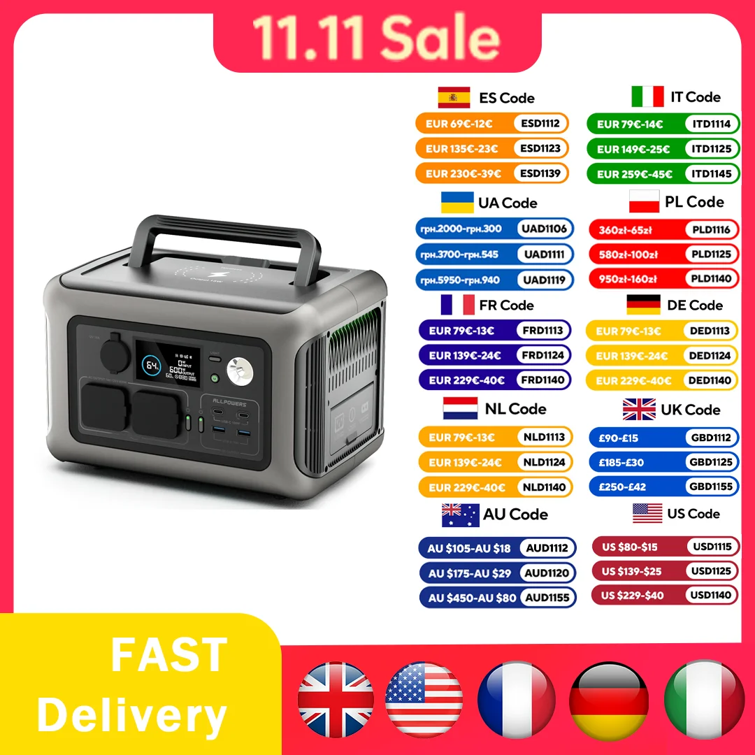 ALLPOWERS 299Wh 600W Portable Power Station R600, LiFePO4 Battery Backup with UPS Function, 1 Hour to Full 400W Input, MPPT