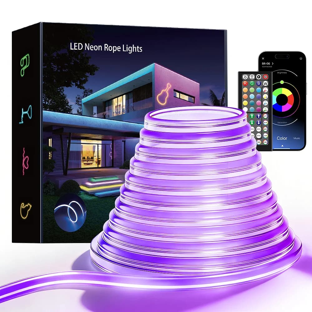 Outdoor Flexible LED Neon Rope Lights Control with App/Remote, IP65 Waterproof RGB Lamp, Music Sync Rope for Rooms, Pool, Garden