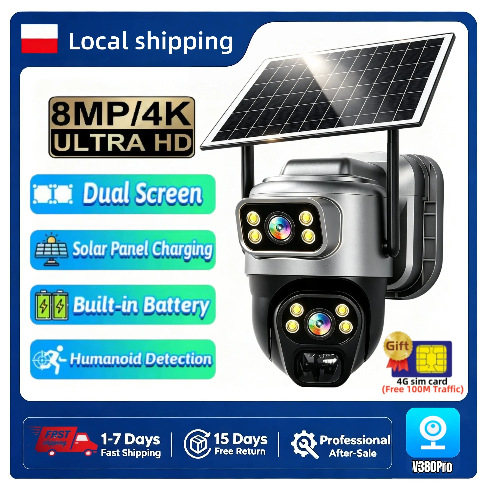 V380 Pro 4G Solar Outdoor Waterproof Camera 4K 8MP 10X Zoom Dual Lens PTZ Battery Video Security System Surveillance CCTV IP Cam