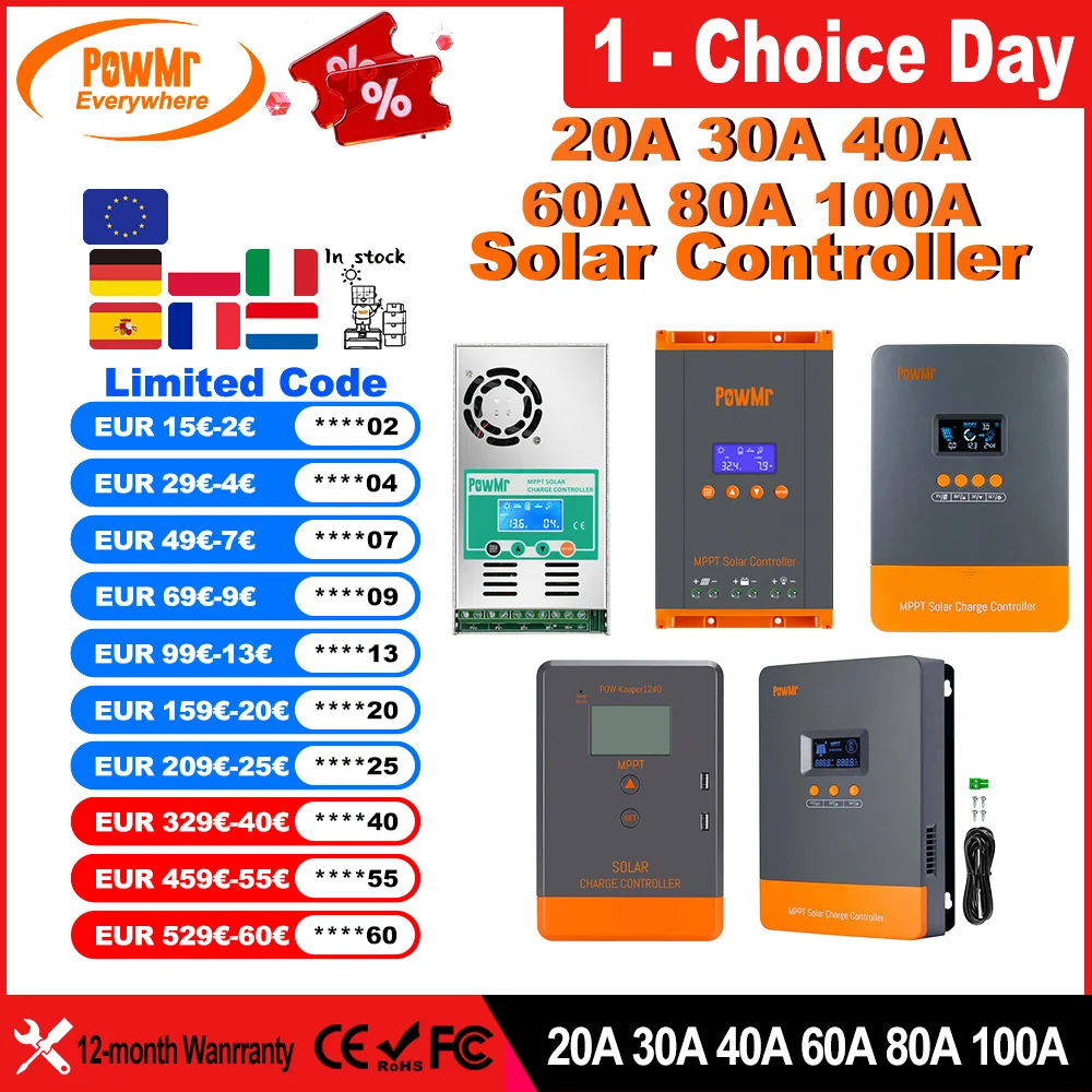 PowMr MPPT 100A 80A 60A 40A 30A 30A 20A Solar Charger Controller LCD Work With 12V 24V 36V 48V Lead-acid Lifepo4 Battery Solar Panel