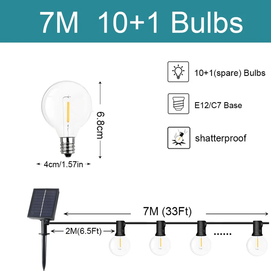 G40 Outdoor String Lights Solar Festoon LED Patio Rope Lamps Solar String For Camping Garden Party Wedding Terrace Decoration
