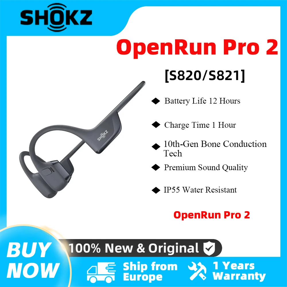 Original SHOKZ OpenRun Pro 2 S820 Sports Headphones Bone Conduction Wireless Bluetooth 5.3 Headsets IP55 Waterproof 12h Playtime
