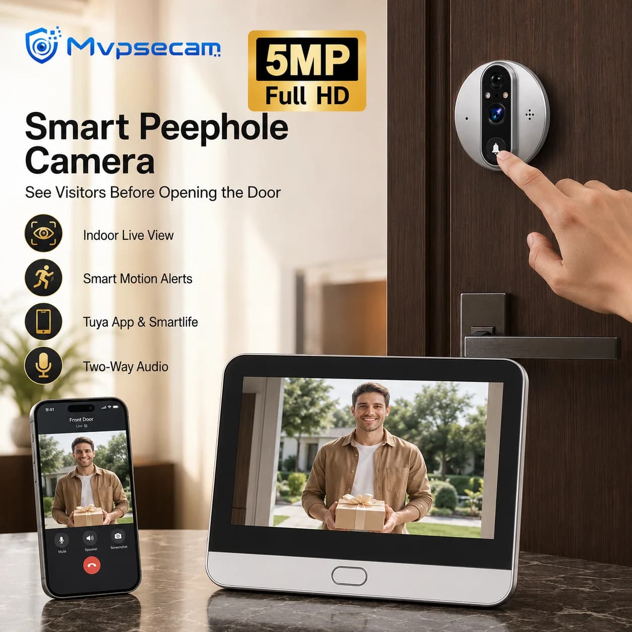 5MP WiFi Peephole Doorbell Camera Digital Door Viewer with 4.3 Inch Color Screen Tuya App Remote Monitoring PIR Human Detection Two Way Talk Infrared Night Vision 5000mAh Rechargeable Battery Micro SD