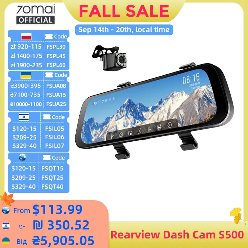 70mai Rearview Dash Cam S500 9.35'' Touch Screen 70mai S500 Car DVR 3K Super Capacitor Dual-Channel HDR Voice Control 24H Park