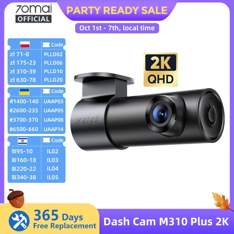 70mai M310 Plus 2K Dash Cam 1440P 143° FOV Night Vision Smart Voice Control 24H Parking Guard Car DVR Camera Mini Easy Install