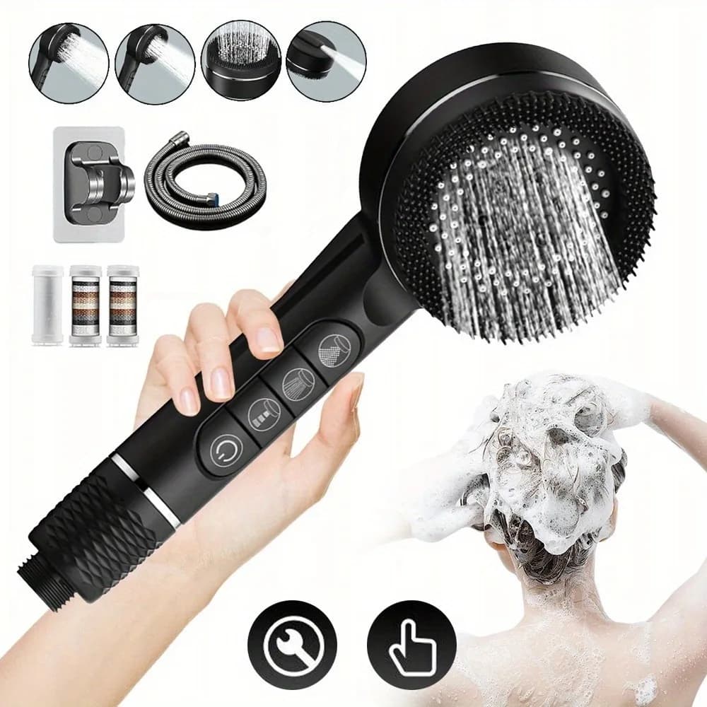 High Pressure Shower Heads Hard Water Filter Shower Head 4-Setting Shower Head with Shower Hose and Shower Stand Massage