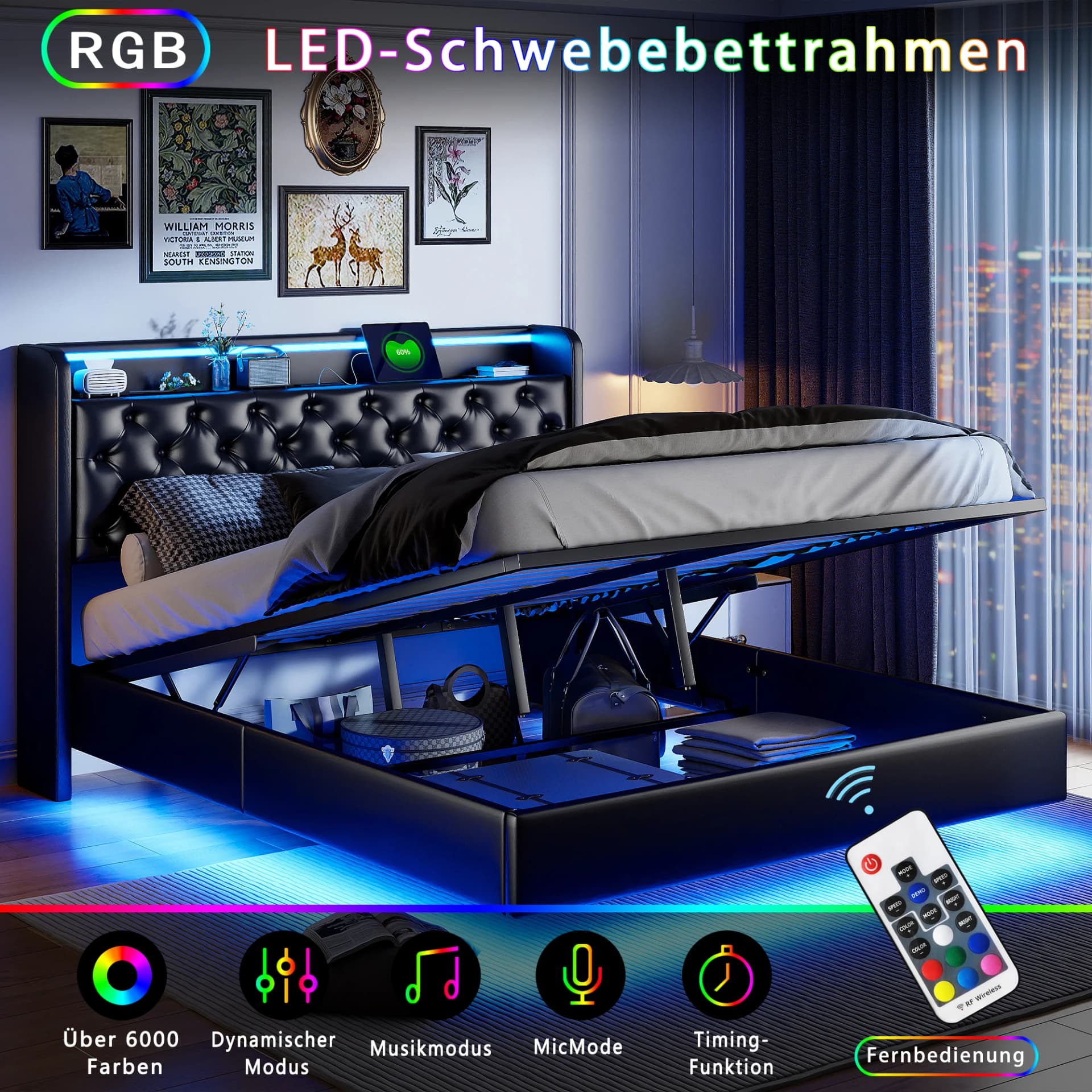 Upholstered Bed 160 X200 cm,Floating Bed with LED ,Headboard with Storage Space,Adult Bed,PU,Black