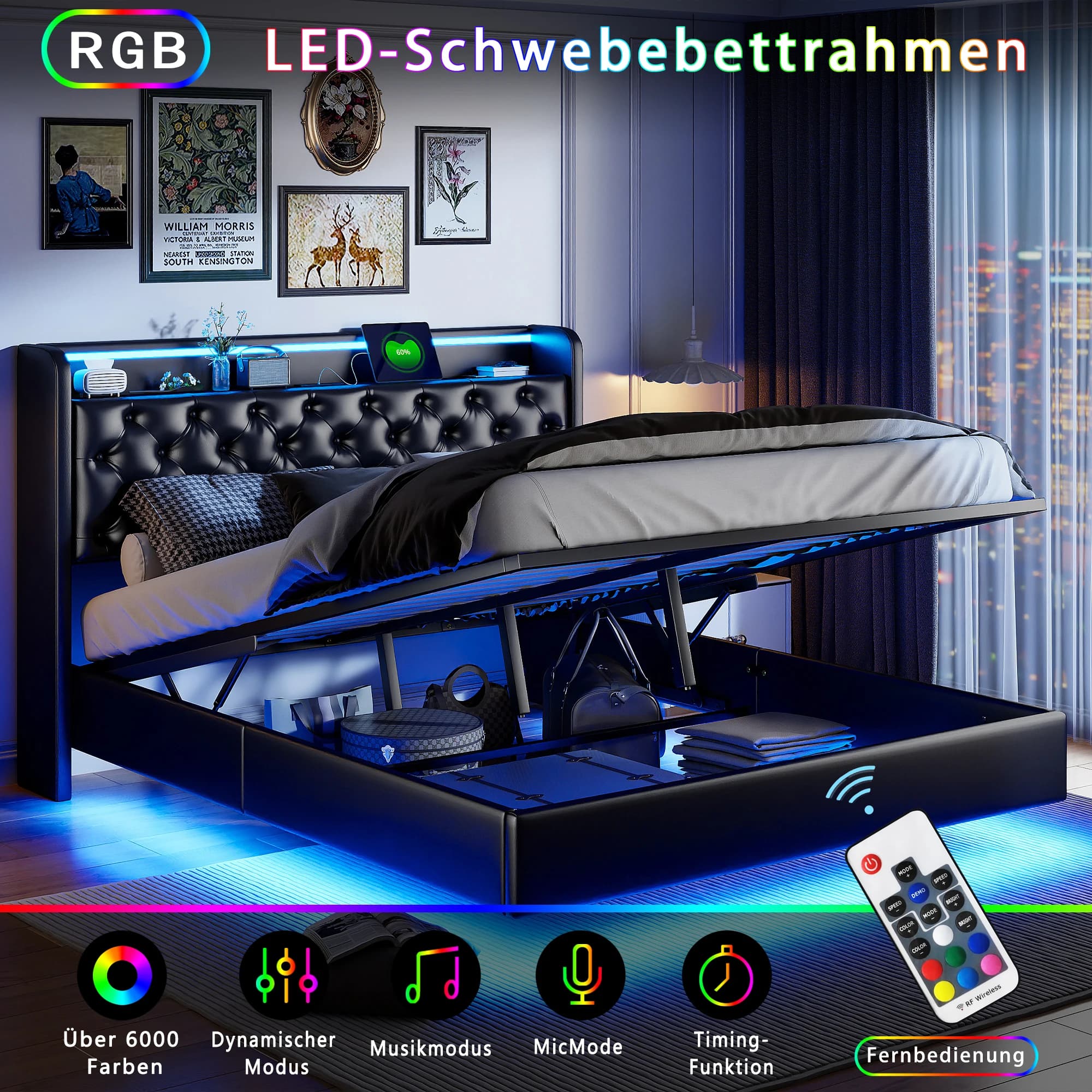 Upholstered Bed 160 X200 cm,Floating Bed with LED ,Headboard with Storage Space,Adult Bed,PU,Black