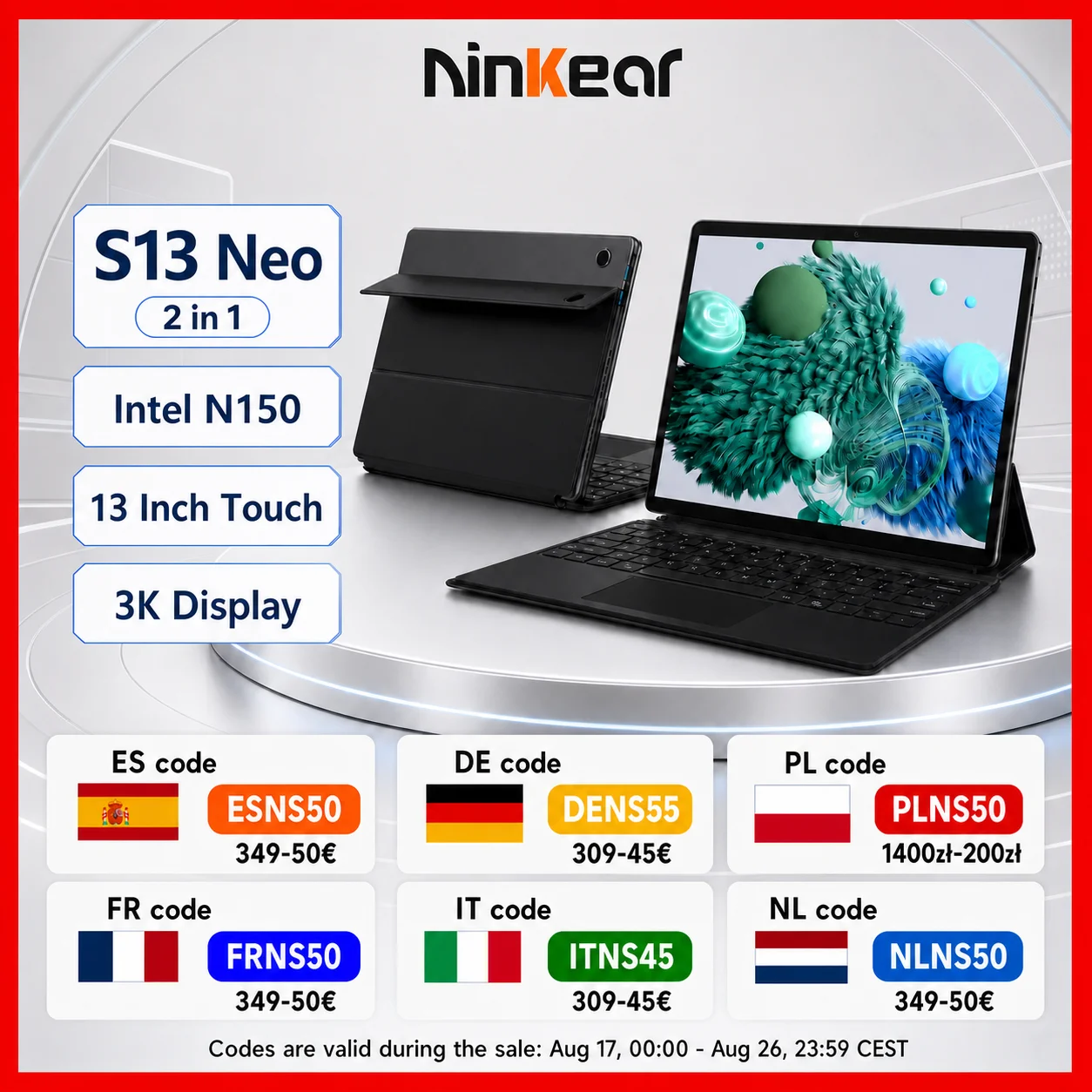 Ninkear S13 Neo 2-in-1 Laptop Tablet, 13-Inch 3K IPS 3:2 Display, Intel N150, Magnetic Detachable Keyboard, All-Day Battery, Versatile Connectivity, AI-Ready for Work, Study and Travel