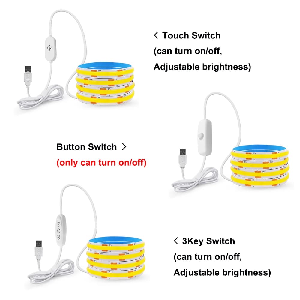 LED COB Strip Light Touch Dimmer Switch Flexible Diode Tape 5V USB Indoor Lamp Linear Lighting Room DIY TV Backlight Wall Decor